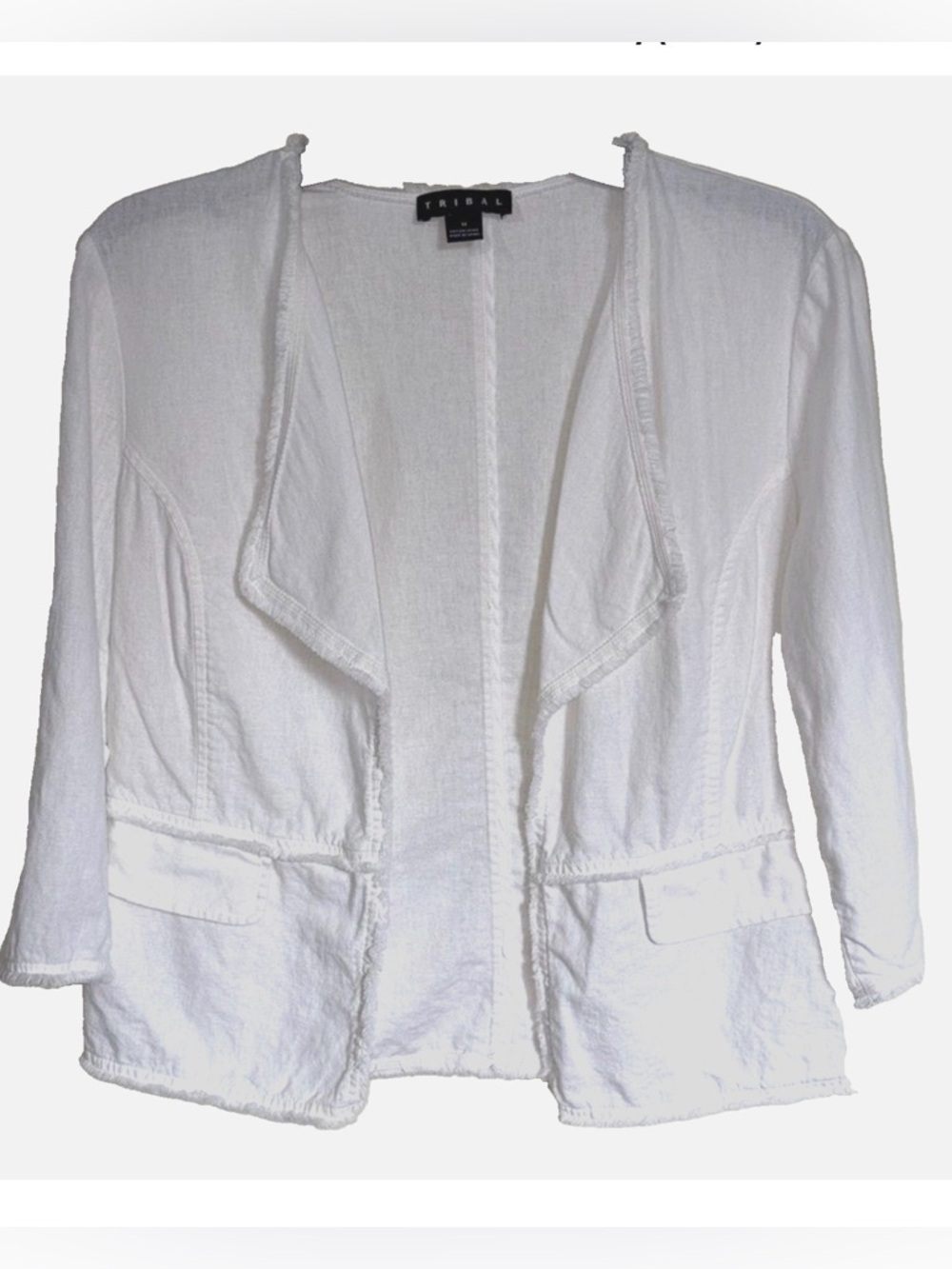 Tribal Linen Jacket Womens Medium White Open Front Lightweight Summer Blazer